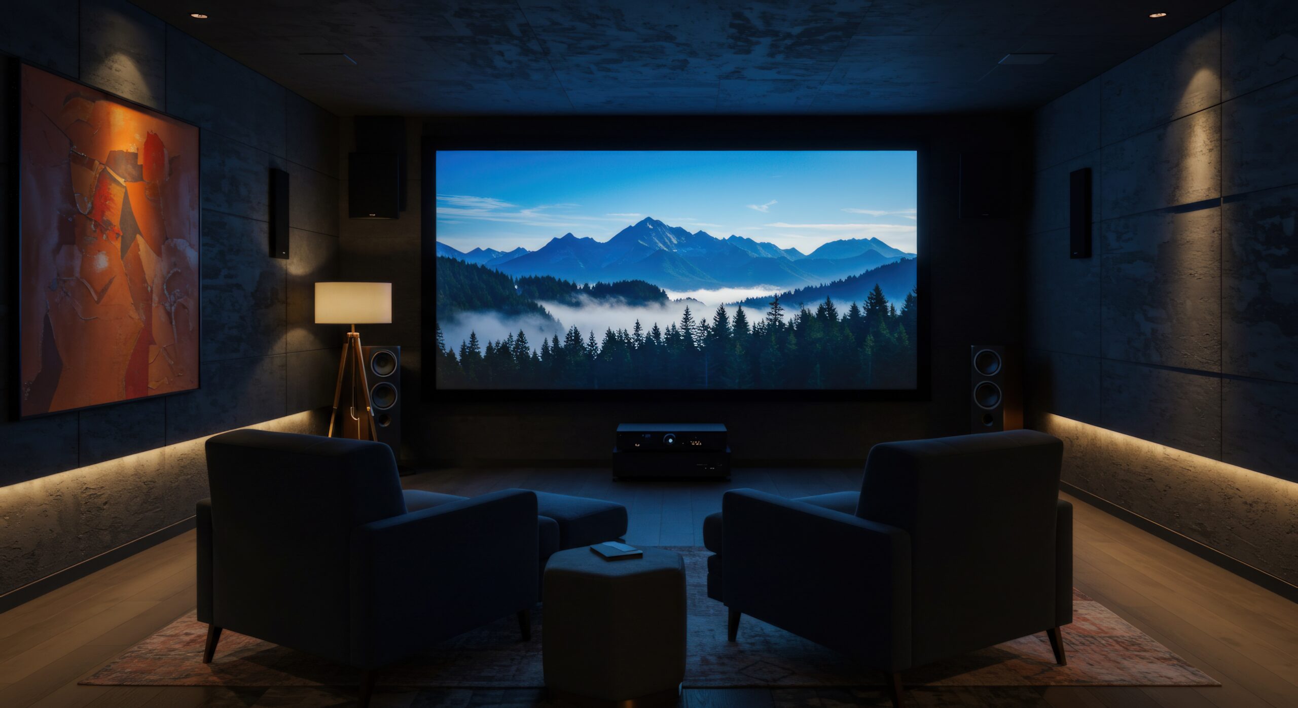 An interior showcases a home theater setup featuring a large screen displaying a tranquil mountain landscape, complete with forest and blue sky. The ambiance is moody and sophisticated, enhanced by dim, indirect lighting. Two comfortable armchairs face the screen, inviting viewers to relax and enjoy the cinematic experience. An abstract art piece adorns one wall, adding a touch of artistic flair. The scene suggests leisure, entertainment, and relaxation within a modern residential space. Ideal for illustrating interior design, home entertainment, or relaxation concepts.